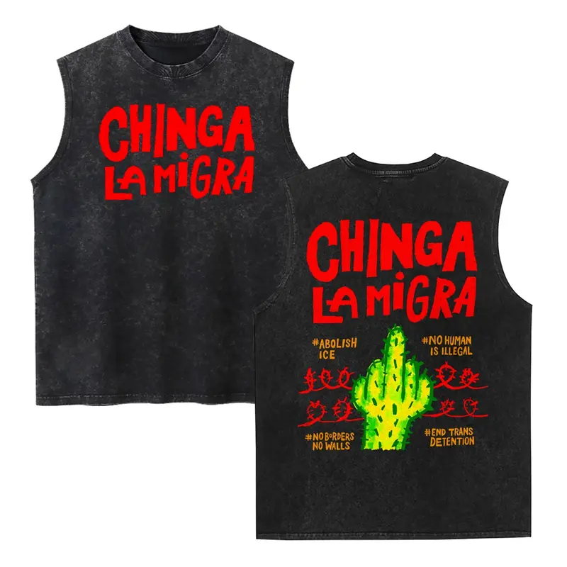 Chinga La Migra Cactus Heavyweight Vintage Tank Top, Abolish ICE Anti Border Policy Activist Graphic Sleeveless Tee, Pro-Immigrant Statement Shirt