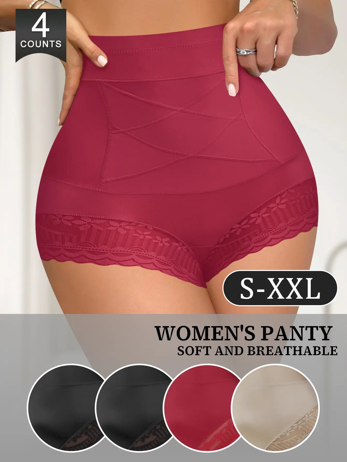 QUASTI 4 Pack Women's High Waisted Lace Shaping Panties, Soft Solid Color, Tummy Control & Butt Lifting Sexy Panties, Crisscross Design, Invisible High Elastic Fabric, Suitable For Everyday Wear, Minimalist Style, XS XXL