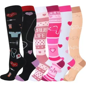 6 Pairs Compression Knee-High Socks for Women & Men – Luxe Breathable Moisture-Wicking Calf Support, Tailored Stay-Put Fit, Minimal Patterned & Dots Design, Refined Style for Work, Travel & Everyday Wear Pastel Flower
