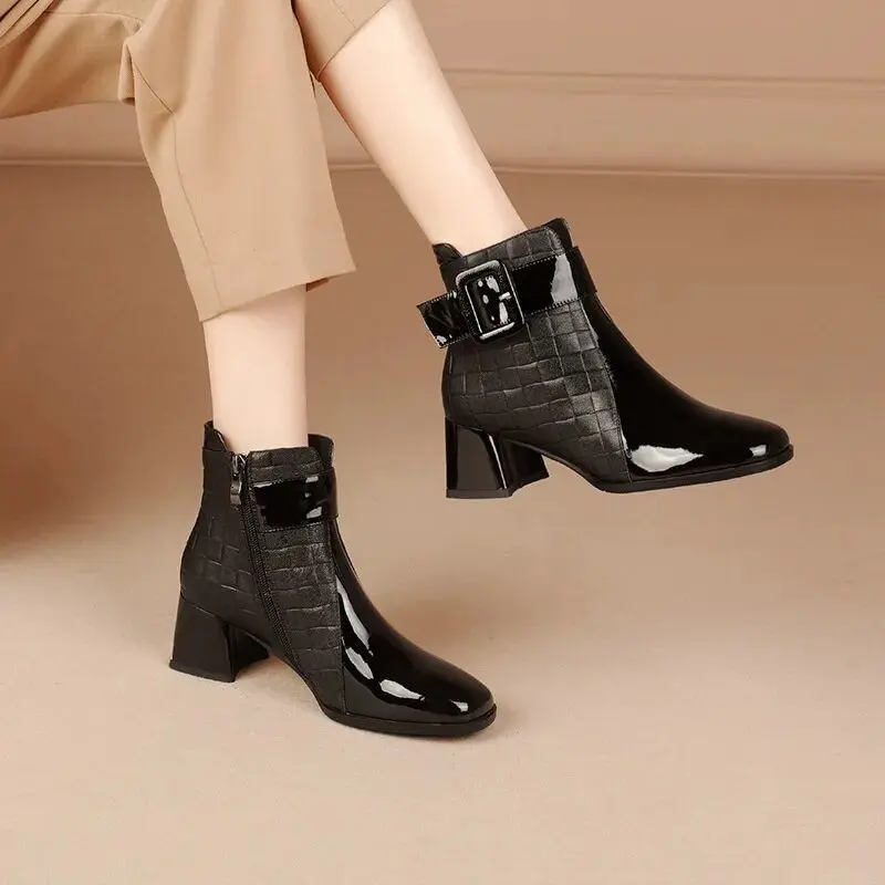 Luxe Croc Patent Block Heel Ankle Boots