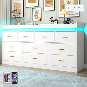 10 Drawer Dresser with LED Light and Charging Station, Modern Chest of Drawers for Closet, Wide Drawer Organizer Cabinet for Living Room Entryway Hallway White/Black