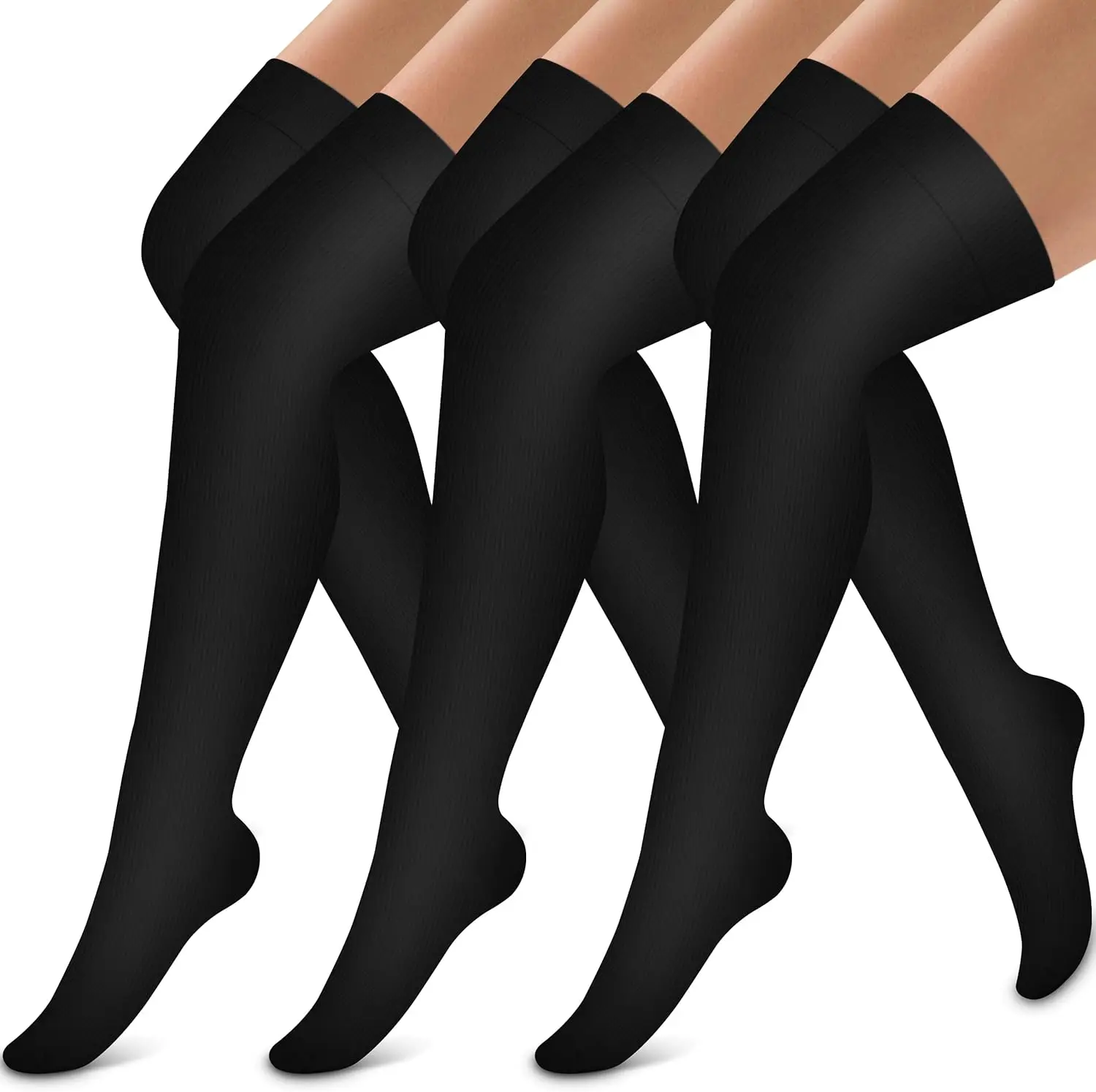 Marathon Wide-Calf, Black on Black，Thigh High Compression Socks for Women and Men Circulation(3 Pairs) Over the Knee-Best Support for Running,Travel, Sports Socks, Breathable Compression Socks