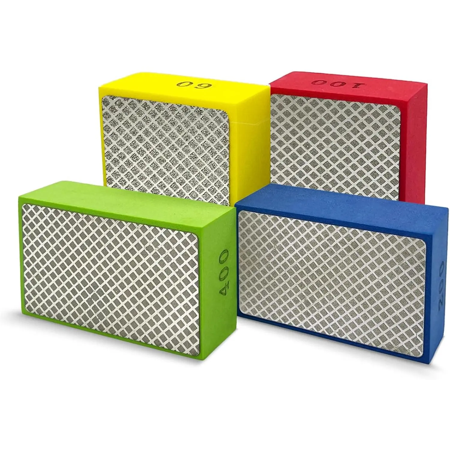 4-Piece Hand Polishing Pads with Backing Grinding Blocks (60#,100#,200#,400# Grits) - Abrasive Tile Tools for Renovation, Burr Removal, Deburring, Edge Grinding Reduction on Ceramic Tile, Glass, Stone