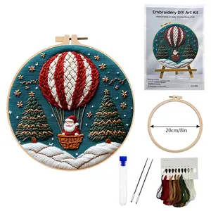 Beginner Embroidery Kit Christmas Style, DIY Embroidery Set with Printed Cotton Fabric, Embroidery Thread, Needle, English Teaching Chart, 20cm Bamboo Frame