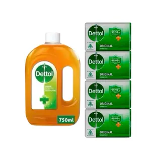 Dettol Liquid 750mL & 4 Bars Soap Original 100gs Each ( More Options Of Soap To Choose From) Fresh, Skincare, Cool, Re-energize, Lasting Fresh or Original Soap Cleansing