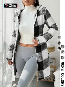 Women's Plaid Fleece Hooded Coat, Casual, Fitted, Soft Fluffy Fleece Fabric & Full Zip Closure & Hooded Design & Mid-Length Silhouette & Multiple Color Options，Valentine，1pc, Jackets, Outerwear, Womenswear