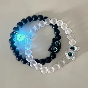 Couple's Owl & Heart Magnetic Luminous Beaded Bracelets (2-Piece Set) — Trendy Couple's Jewelry, Perfect for Daily Wear & Parties, Birthday Gift Set for Couples