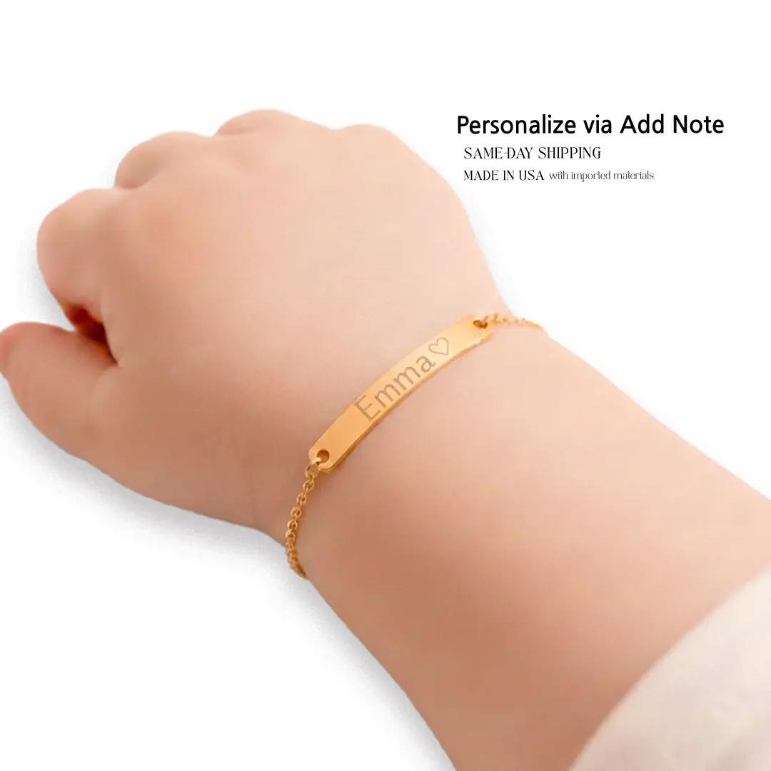 Personalized Kids Name Bracelet, 16K Rose, Gold Colors Bar, Flower Girl & Baby Shower Gift