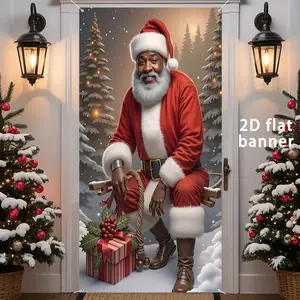 Happy Christmas Door Banner, African Santa Claus Design, Durable Polyester Fabric, Indoor Outdoor Decoration, 35.4x70.8 Inches