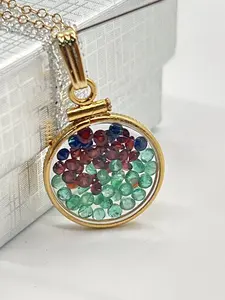 Solid 14k Gold Lucite Handmade 4.4 TCW mix of garnet, emerald, sapphire Shaker Locket. Round cut Colorful gems. Artistic Series- beautiful