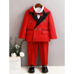 1 Set Kids Formal Suit - Polyester 95%, Viscose 5% Long Sleeve Solid Color Work Style with Buttons, Includes Suit Jacket, Pants, and Bow Tie for Wedding, Birthday, Performance - Non-Stretch Fabric, All Seasons