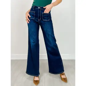 Stretch Front Two Pocket High Rise Flare Jean in Dark Denim