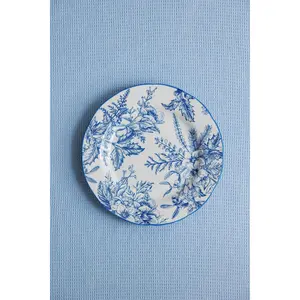 Coastal Chinoiserie Plate Ceramic Blue & White Floral Design Microwave Dishwasher Safe Stackable Dinnerware for Kids Traditional