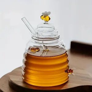 Glass Honey Jar High Borosilicate Transparent Honey Bottle with Stirring Rod, Storage Jar Jam Bottle with Lid, 1pc Kitchenware