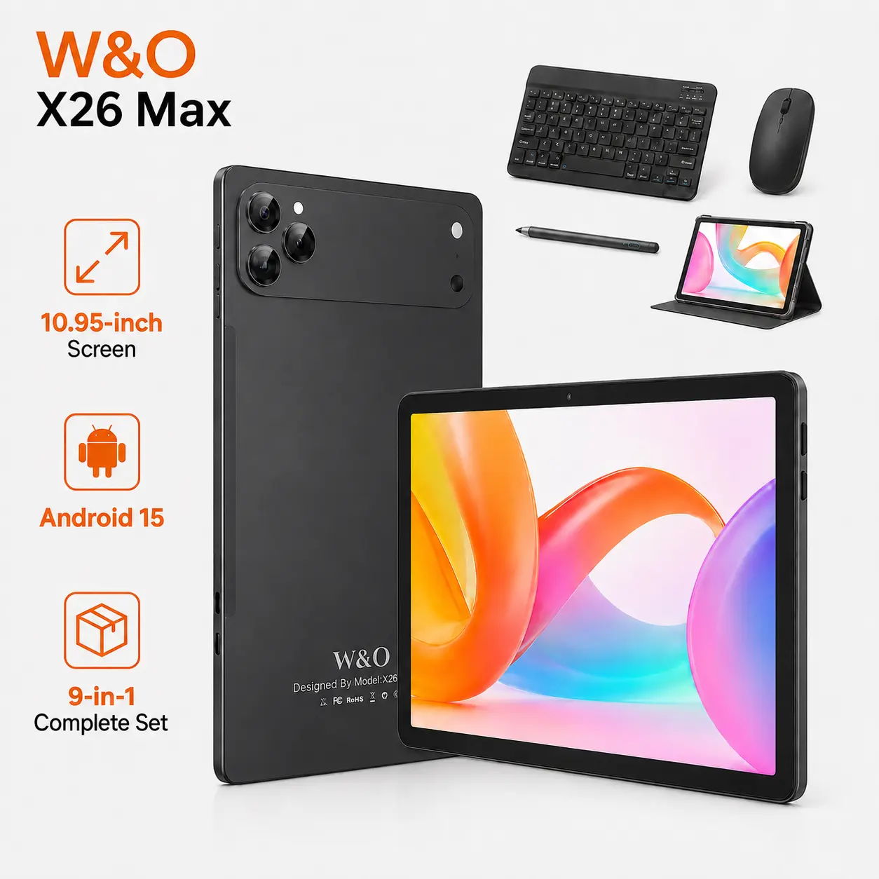 【BackToSchool】W&O 2026 Android 15, 11-inch Tablet, 12GB RAM + 256GB Expandable Storage, Long Lasting Battery, 10000mAh Battery, 5G WiFi, Portable Device with Keyboard, Mouse, Case, Stylus, Dual Camera, Work, Valentine’s Day Gift bundle smart