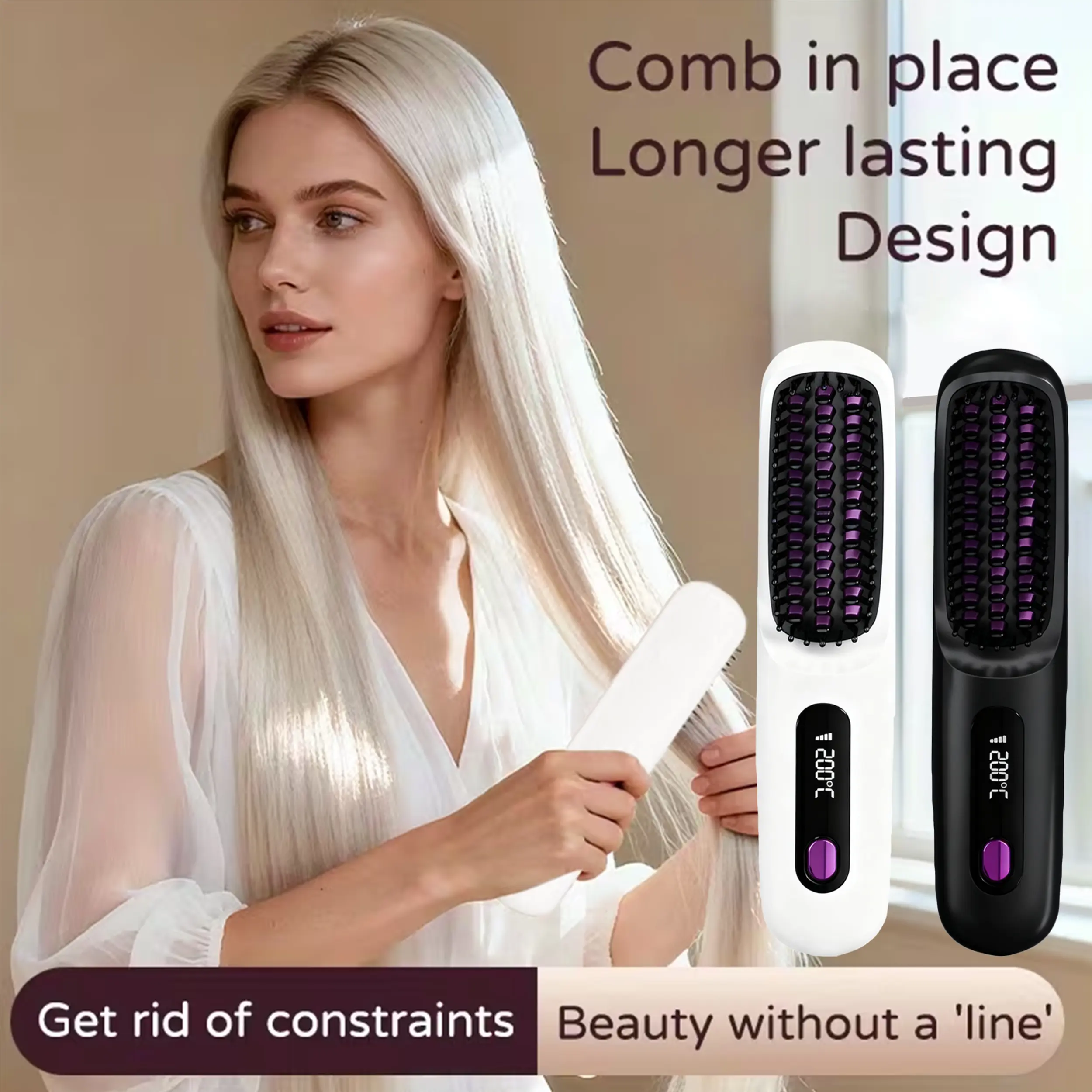 Portable Battery-Powered Thermal Brush Straightener for Women Seeking Quick Styling, Plastic Body, Rapid Heating Hot Comb, Lightweight, Type-C USB Charging, Anti-Scald Feature, Straightening Curly Hair, Hair Straightener Brush, All Hair Types