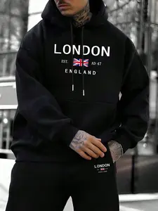 Men Hoodie Sweatshirt London England Print With Union Jack Flag And Text For Casual Streetwear Outfit
