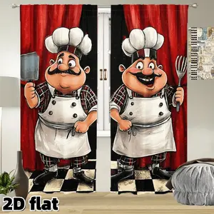2D Flat 2Pcs Chef Cartoon Printed Curtains Red Background Kitchen Theme Rod Pocket Design Semi Sheer Polyester Restaurant Style Decor Suitable for Dining Room Living Cafe Shop Window Treatment Home Decoration Privacy Protection