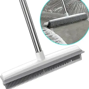 2 in 1 Broom with Squeegee Edge, 1 Count Adjustable Long Handle Soft Rubber Bristle Broom for Outdoor Indoor,Carpet Brush for Pet Cat Dog Hair Removal