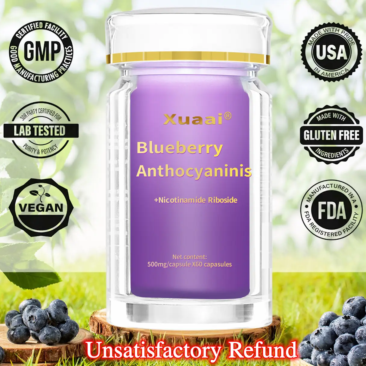 【Today 50% +OFF】 Xuaai Blueberry Anthocyaninis NAD+ Supplement for Skin Aging Support, Energy, and Focus - 60 Capsules - Vitamin & Wellness Supplement