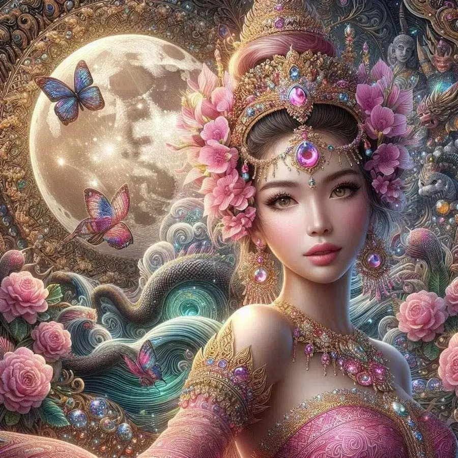 5D DIY Full Drill Round Diamond Painting - Diamond Art Kit Moon, Butterfly, Pink Flowers Mosaic, Canvas - DIY Decorative Painting, Home Wall Decor, Perfect for Valentine's Day, Halloween, Christmas, Birthday, and Anniversary Gifts.