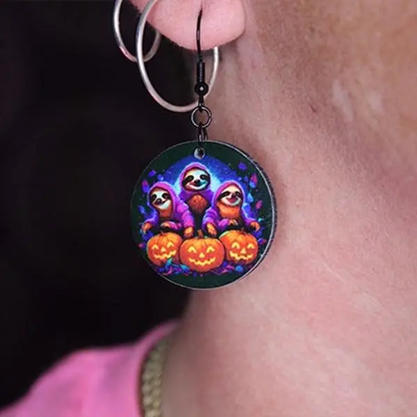 Sloth Gang Halloween Fall Earrings. Three Sloths in Purple Hoodies with Three Pumpkins. Hypoallergenic Hooks.