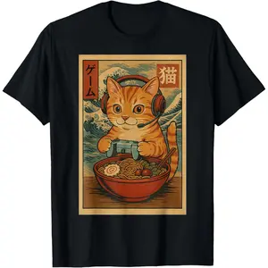 Kawaii Anime Gamer Cat Ramen Retro Japanese Gaming Funny T-Shirt