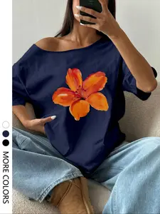 Women's Floral Print Off Shoulder Tee, Casual Comfy Short Sleeve T-shirt for Summer, Ladies Sleepwear for Indoor Wear Top, Bold Graphic Tee, Casual Fashionable Top, Casual Chic Top