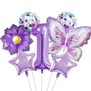Purple Butterfly Sunflower Star Aluminum Film Balloon Package for Birthday Party Photo Decoration, Christmas Decorations, Event Styling, Festive Balloons, Star Shape, Decorative Balloons, Shiny Finish, Decorative Set, Balloon Bundle, Event Organizers