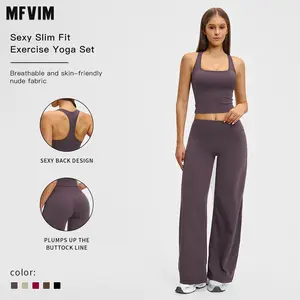 MFVIM women’s solid halter-neck top and wide-leg pants sports set; casual sleeveless top and pants for everyday outdoor wear; ladies activewear set for tennis and running; workout clothes