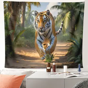1pc Polyester Durable Realistic Tiger Wall Art, Jungle Scene Wall Hanging for Party Backdrop Entrance Ceiling Reading Nook Bedroom, Wildlife Fabric Tapestry, Durable Decorative Tapestry