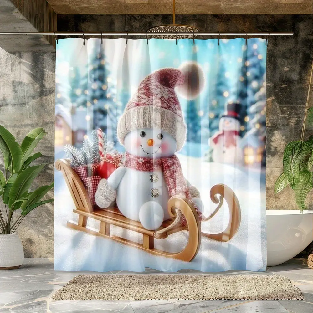 1pc  Winter Snowman Shower Curtain - Christmas Bathroom Decor with Snowman in Red Hat & Scarf Sledding, Machine Washable Polyester Fabric Bath Curtain for Holiday Bathroom Makeover, Winter Decorations - Easy Installation with Eyelets Included