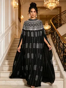 Luxurious Abaya Dress with Sequins, Long Sleeve, Wide Sleeves, Wheat Sheaf Sequin Hem, Perfect for Weddings, Proms, Ceremonies, Formal Events