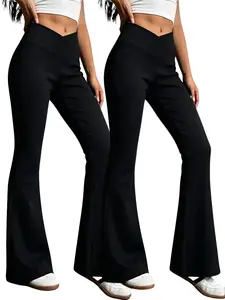 2PCS Women's High-Waisted V-Crossover Flare Leggings with Side Pockets - Full-Length Bell Bottom Yoga Pants, Stretchy Tummy Control Trousers for Gym Workout Office Casual, Solid Color Machine Washable