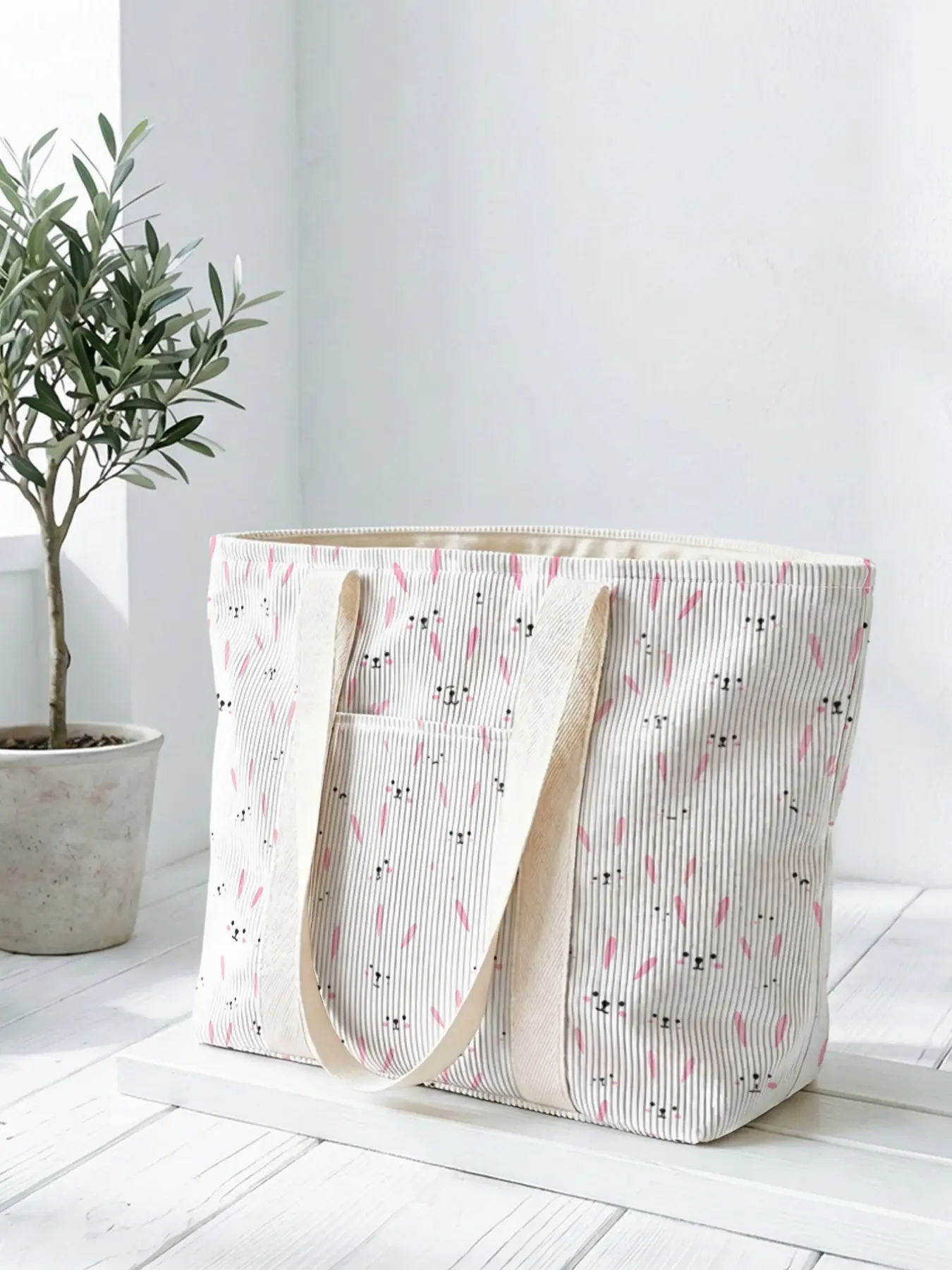 1 piece of rabbit and bunny ears pattern 2D printed tote bag, large capacity space|commuting/shopping/working all-purpose|carry the gentleness and faith of Easter in your hands, Easter