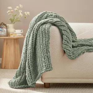 Chunky Knit Throw Blanket for Couch, Soft Chenille Crochet Blanket for , 40"x50", Sage Green