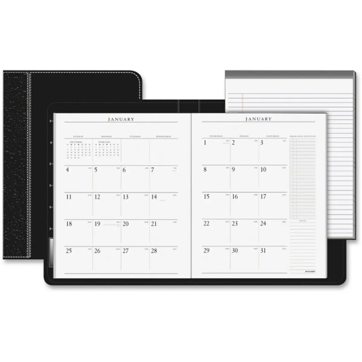212 MAIN Executive Monthly Padfolio Planner - Black Simulated Leather, Deluxe Sewn Cover, Monthly View, At-A-Glance Layout, Storage Pockets, Unruled Blocks, Business Card Holder, Pen Loop, Refillable, Separate Note Pad, Space For Prioritized Activities