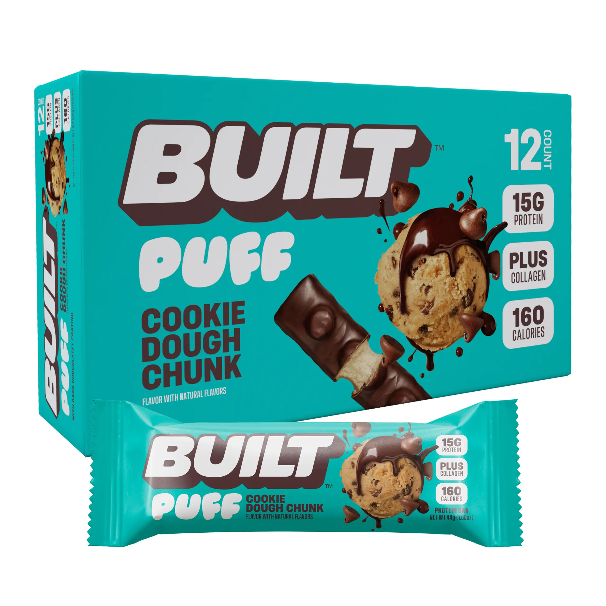 BUILT Bar Puff Protein Bar, Cookie Dough Chunk, Protein Packed Snack, Collagen, 160 calories, 12 Count Box