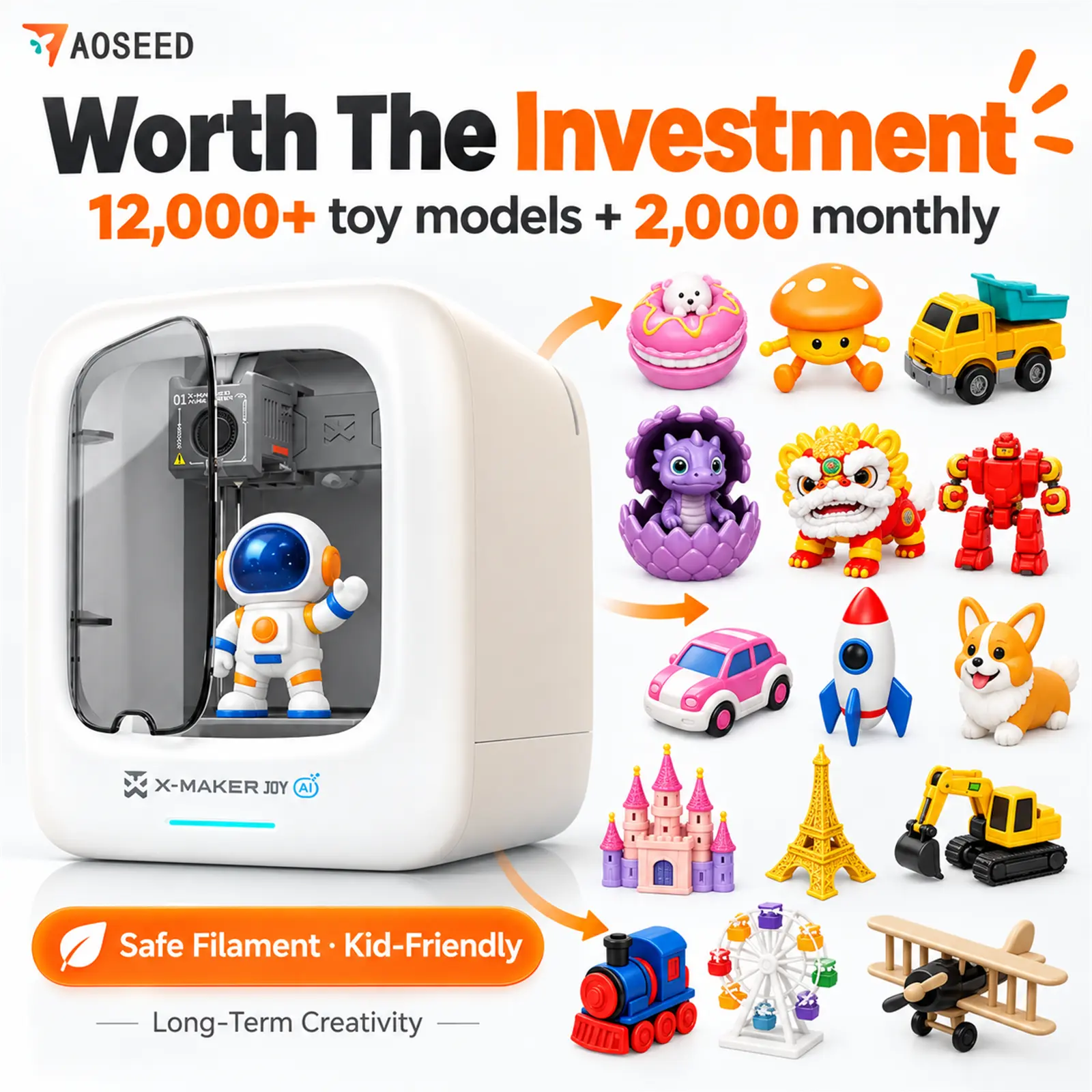 X-MAKER AI+ 3D Printer for Kids, Fully Assembled Easy-to-Use High-Speed Print 3D Printers, 4/8 Available PLA Filaments, 8000+ Models, 20+ Toy Design Mobile Apps, 17+ Family Modules, Tool Upgrade, AI-Powered Kids' Gift