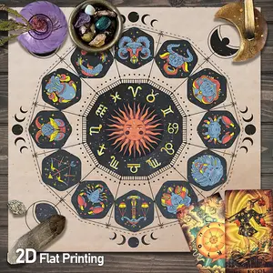 1pc Zodiac Tarot Card Tablecloth, Celestial Horoscope Altar Cloth, Vintage Style Tarot Table Covers Tarot Reading Cloth, Love Career Oracle Card Tablecloth, Crystal Decoration Divination Witchcraft Astrology Tarot Mat [Party Games & Activities]