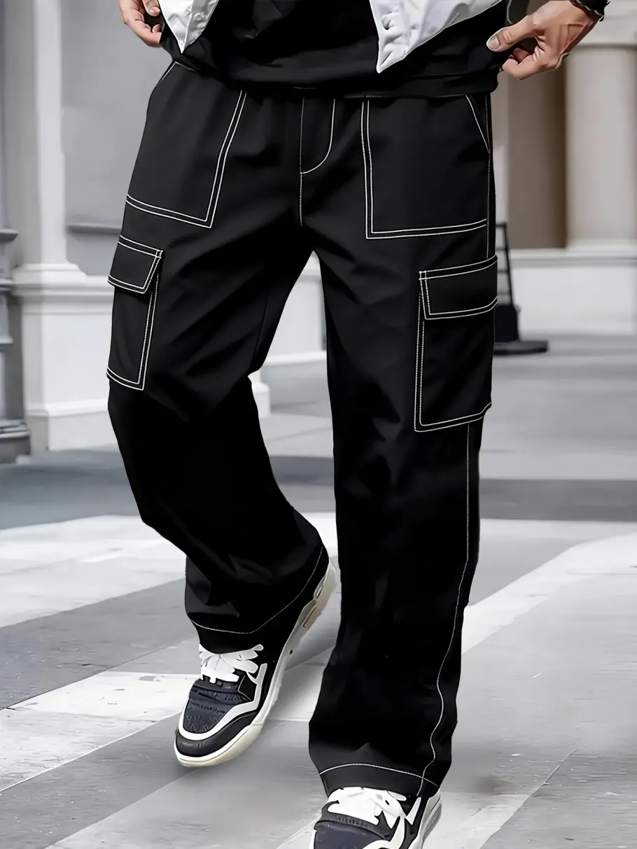 Men's Multi-Pocket Loose Wide-Leg Street-Style Fashionable Casual Cargo Long Trousers