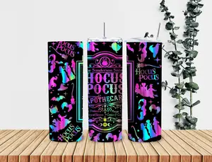 Neon Hocus Pocus 20oz Stainless Steel Tumbler Double Insulated Water Bottle with Colorful Design and Magical Theme BPA Free