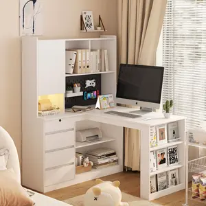 L Shaped Desk with Charger, Computer Desk with Drawers, Bookshelf, with LED Light, Modern Corner Desk, Home Office Desk, L-Shaped Study Table Writing Desk, Corner Gaming Computer Desk with Storage bedroom vanity