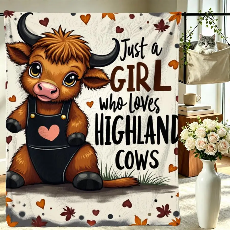 1pc Cozy Highland Cow Calf Print Flannel Blanket - Lightweight Soft Warm Throw with Cute Animal in Overalls And Autumn Leaf Motif, Perfect for Sofa, Travel, Camping, Living Room, Office, And Gifts for Family Or Friends