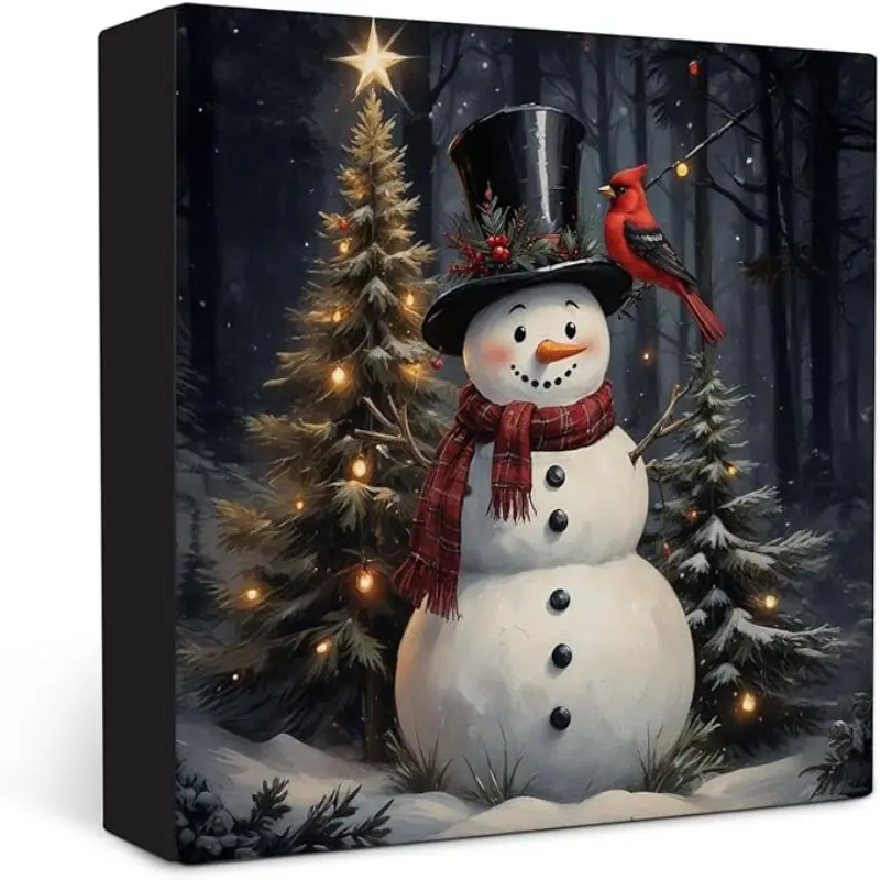 Farmhouse Christmas Tree Cardinal Snowman Wooden Box Sign Desk Decor, Rustic Winter Forest Snowman Xmas Wood Block Sign for Home Office Desk Table Shelf Wall Decorations, 5x5 Inch