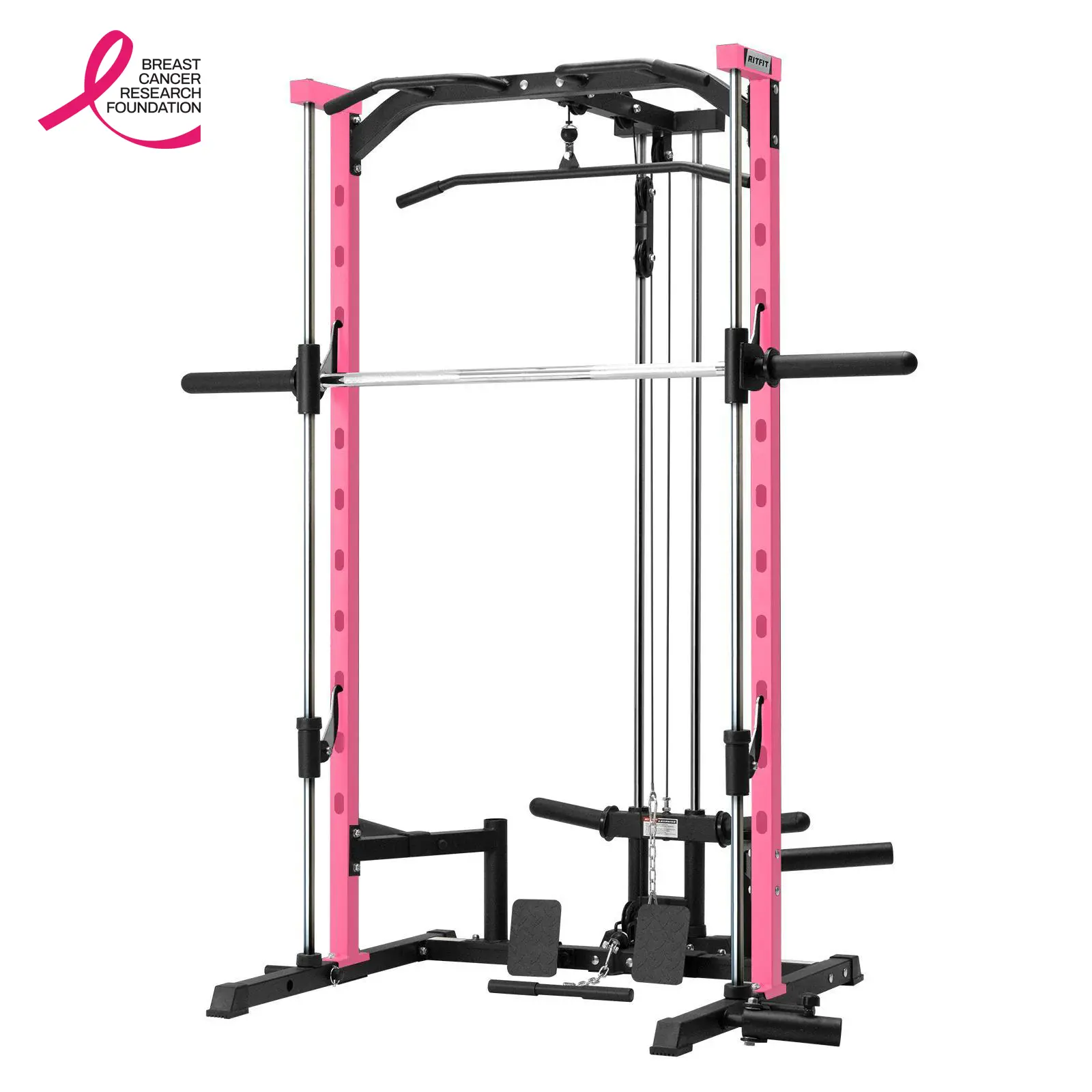 RitFit PSR05 Multifunctional Smith Machine - 440lb Capacity Unisex Home Exercise Machine, Compact At Home Gym Equipment with 13 Accessories, Adjustable Smith Bar for Squats, Presses, Rows, Lat Pulldown System (Black/Pink)
