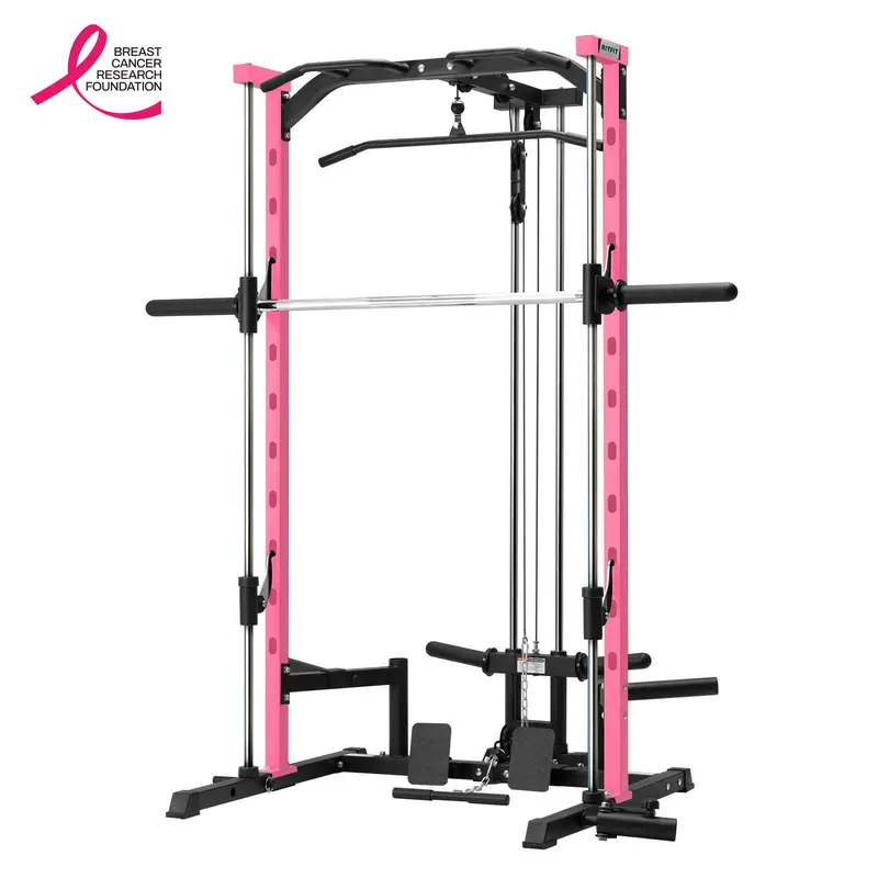 RitFit PSR05 Multifunctional Smith Machine - 440lb Capacity Unisex Home Exercise Machine, Compact At Home Gym Equipment with 13 Accessories, Adjustable Smith Bar for Squats, Presses, Rows, Lat Pulldown System (Black/Pink)