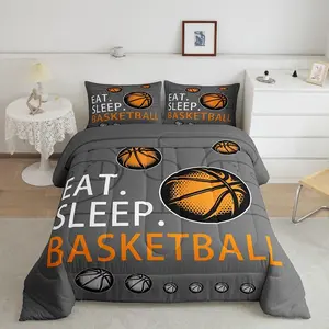 Feelyou Eat Sleep Basketball Microfiber Cloth Comforter Set - Grey Soft Blanket, Breathable Animation Look Twin Size Sports Bedding, 2Pcs Room Decor Quilt Set
