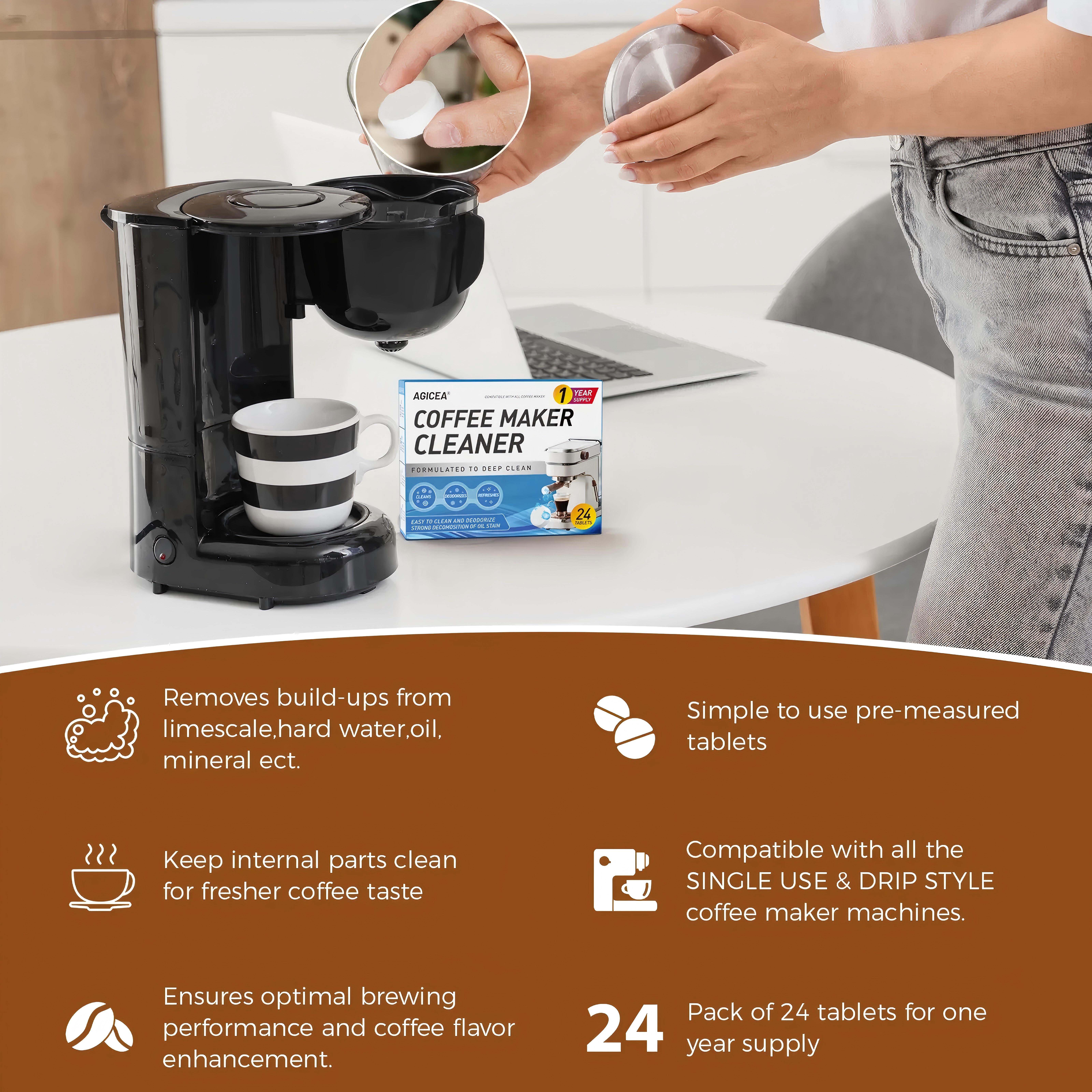 24 Pack Coffee Maker Cleaner Tablets, Universal Descaling Tablets for Keurig, Nespresso, Delonghi, All Coffee Machines, 1 Year Supply 24 Pack Coffee Maker Cleaner Tablets, Universal Descaling Tablets for Keurig, Nespresso, Delonghi, All Coffee Machines, 1 Year Supply