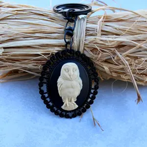 Large Ivory Owl Victorian Cameo Keychain - Handmade Retro Holiday gift